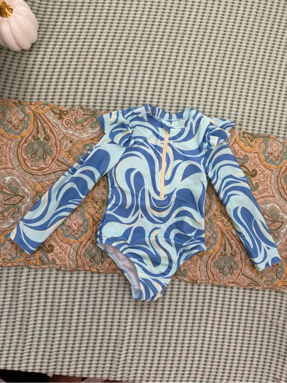 wonder nation Blue & Light Blue Swirl Long-Sleeve One-Piece Swimsuit 2T